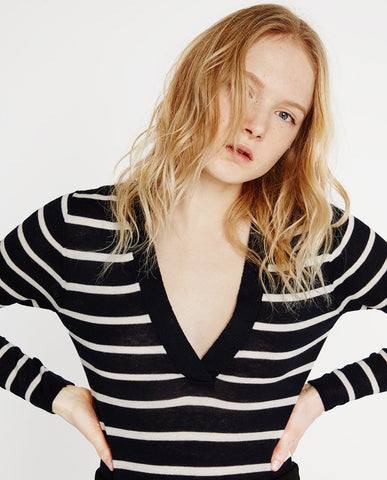 STRIPED CROSSOVER V-NECK BODYSUIT