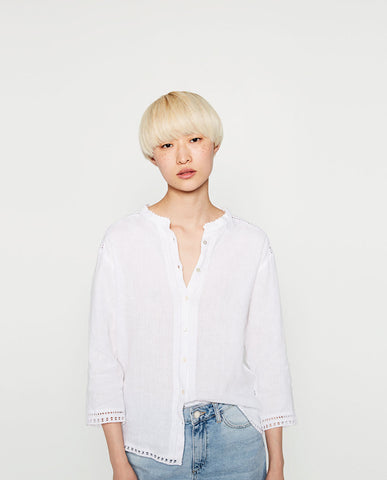 LINEN SHIRT WITH LACE TRIM DETAIL