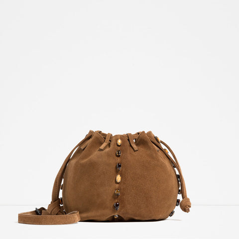 BEADED LEATHER BUCKET BAG