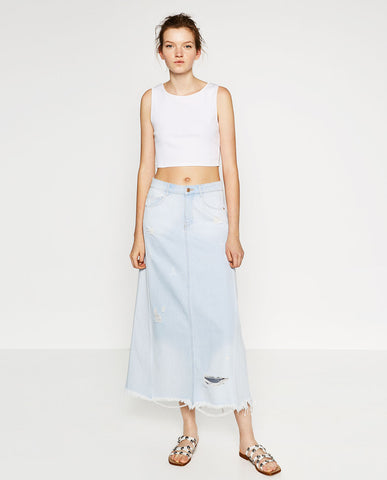 LONG DENIM RIPPED SKIRT.